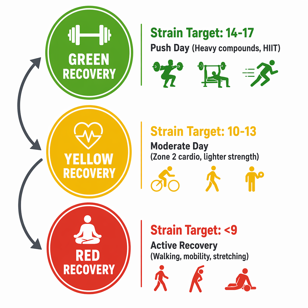 Infographic showing three recovery zones: Green with Strain Target 14-17 and a dumbbell icon, Yellow with Strain Target 10-13 and a running figure, Red with Strain Target below 9 and a walking figure.