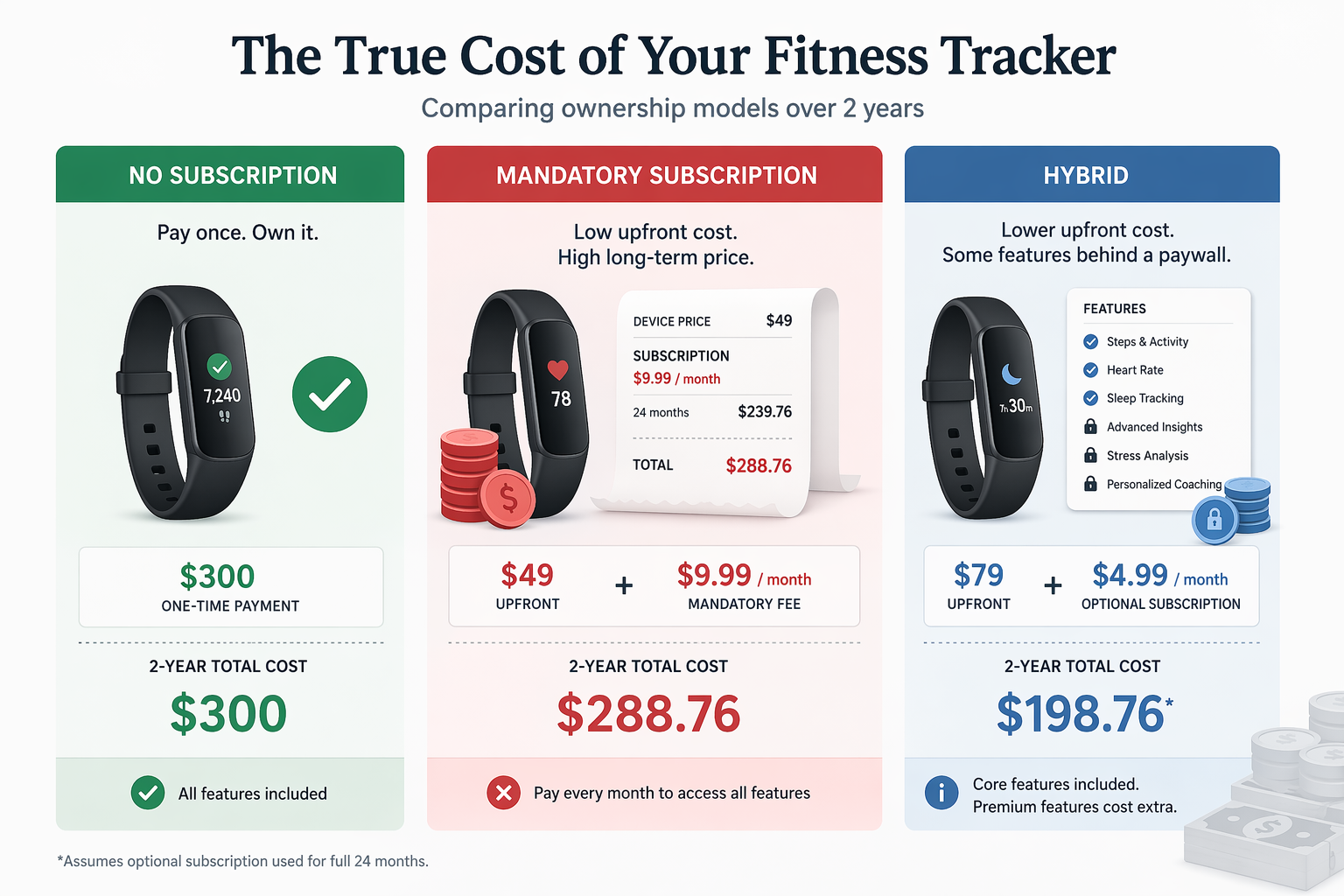 Three-column comparison of no-subscription, mandatory-subscription, and hybrid fitness tracker ownership tiers
