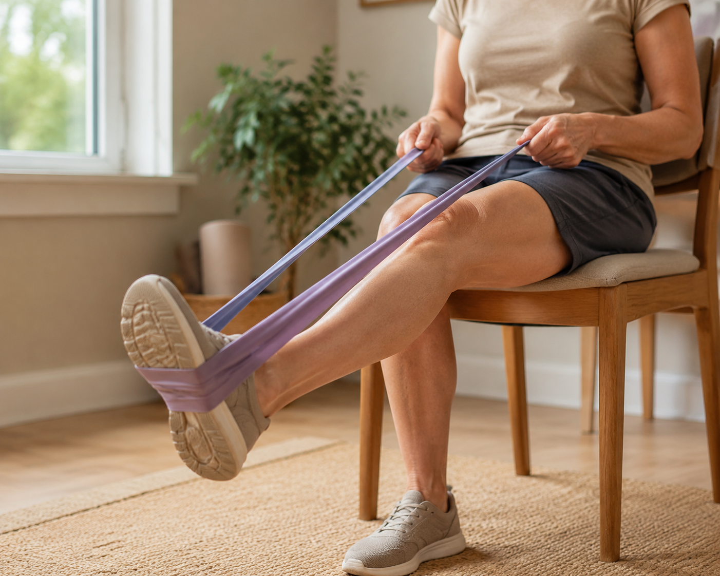Person seated at home gently extending one leg with a resistance band around the foot