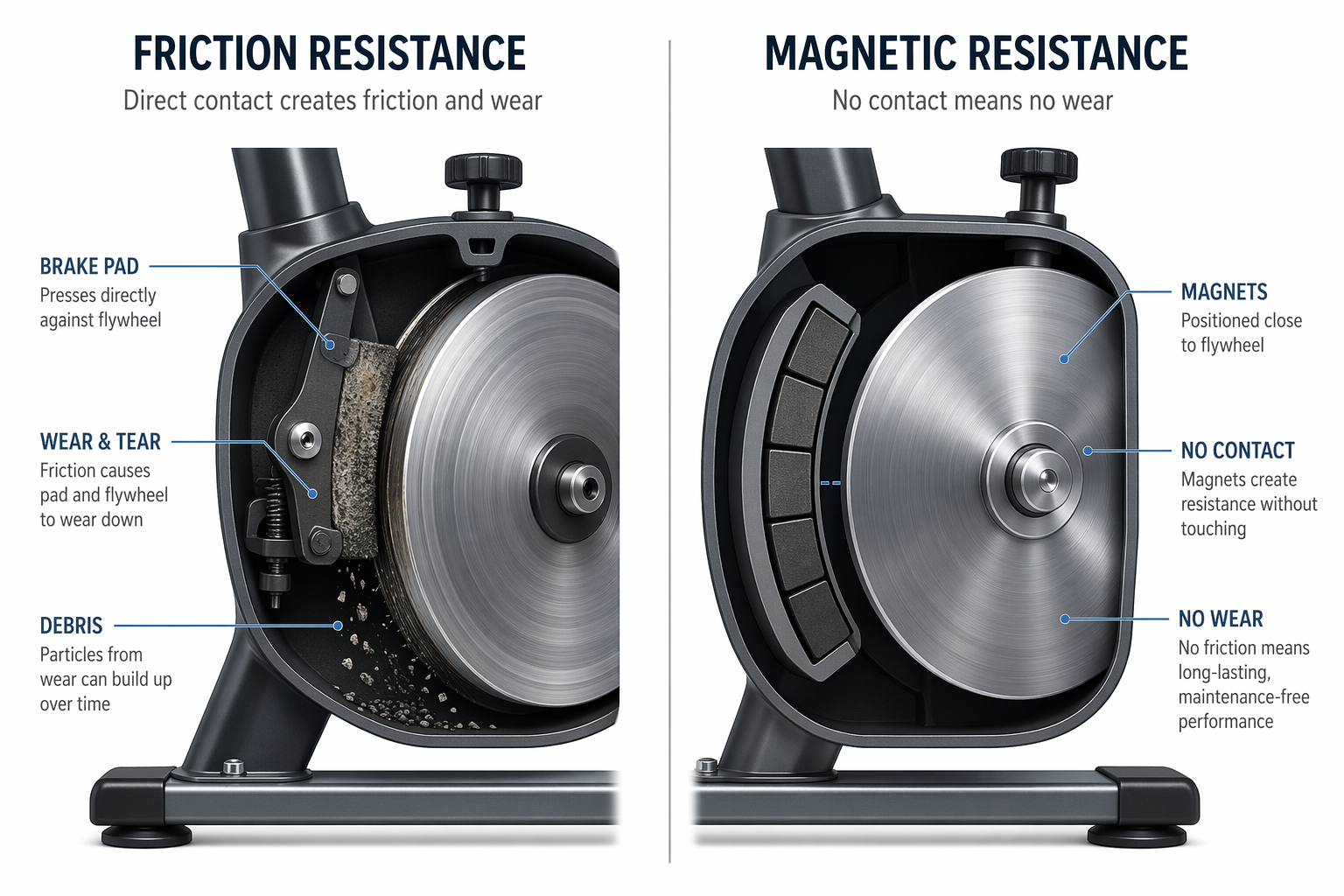Cutaway comparison of friction resistance with a worn brake pad and magnetic resistance with non-contact magnets near a flywheel