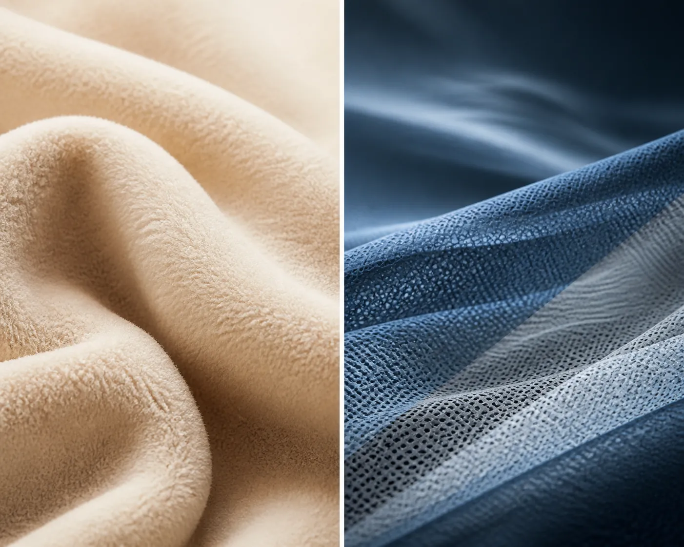Split comparison of soft brushed fleece fabric and cool technical performance mesh fabric
