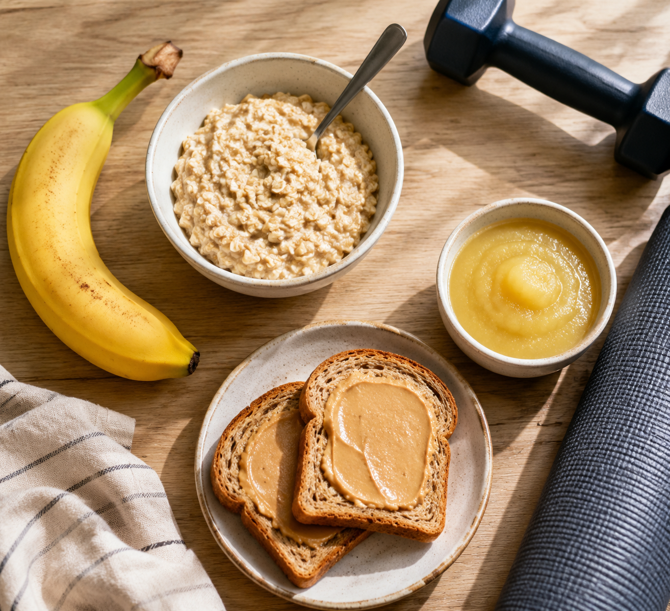 Banana, oatmeal, toast with nut butter, and applesauce arranged beside a dumbbell
