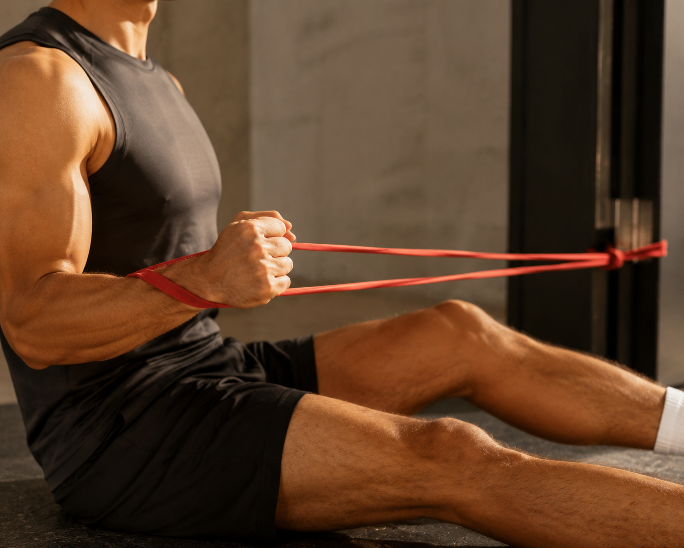 Athlete performing external rotation with a red resistance band
