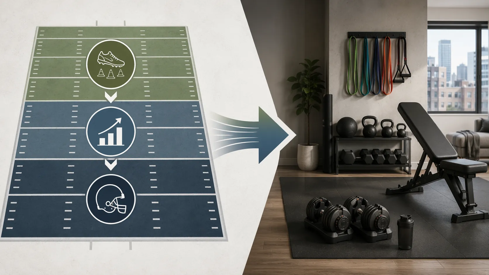 Football field progression markers connected to a compact home gym with dumbbells, bands, and a bench