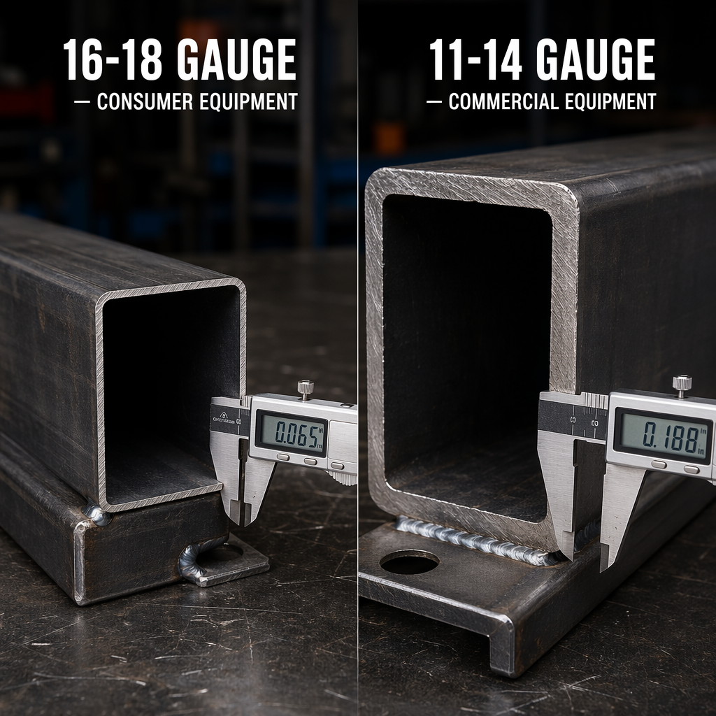 Side-by-side cross-section comparison of a thin 16-18 gauge consumer steel tube and a thick 11-14 gauge commercial steel tube with a caliper measuring the thickness difference.