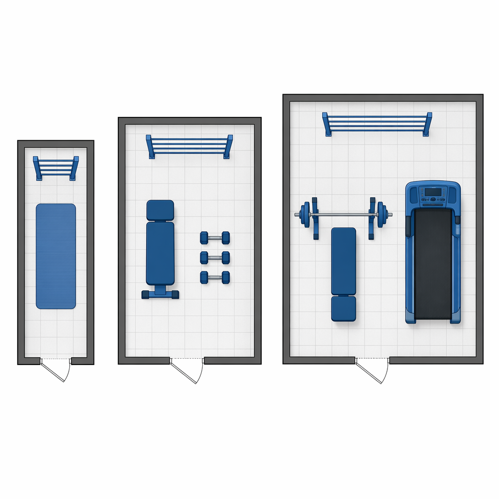 Floor plan comparison of small, medium, and larger compact home gym layouts