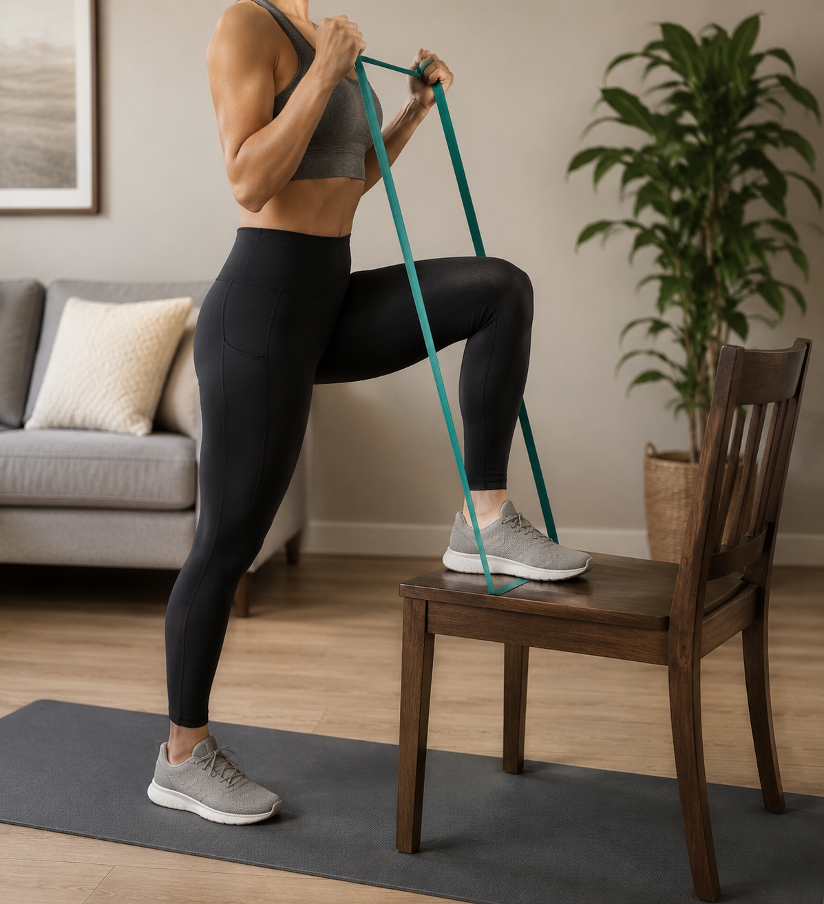 Home setup for a band-resisted step-up using a sturdy chair and resistance band