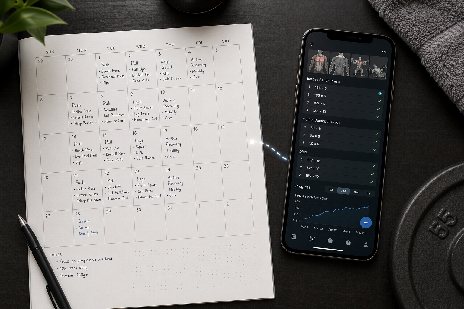 Printable monthly workout planner beside a phone showing a workout tracking app