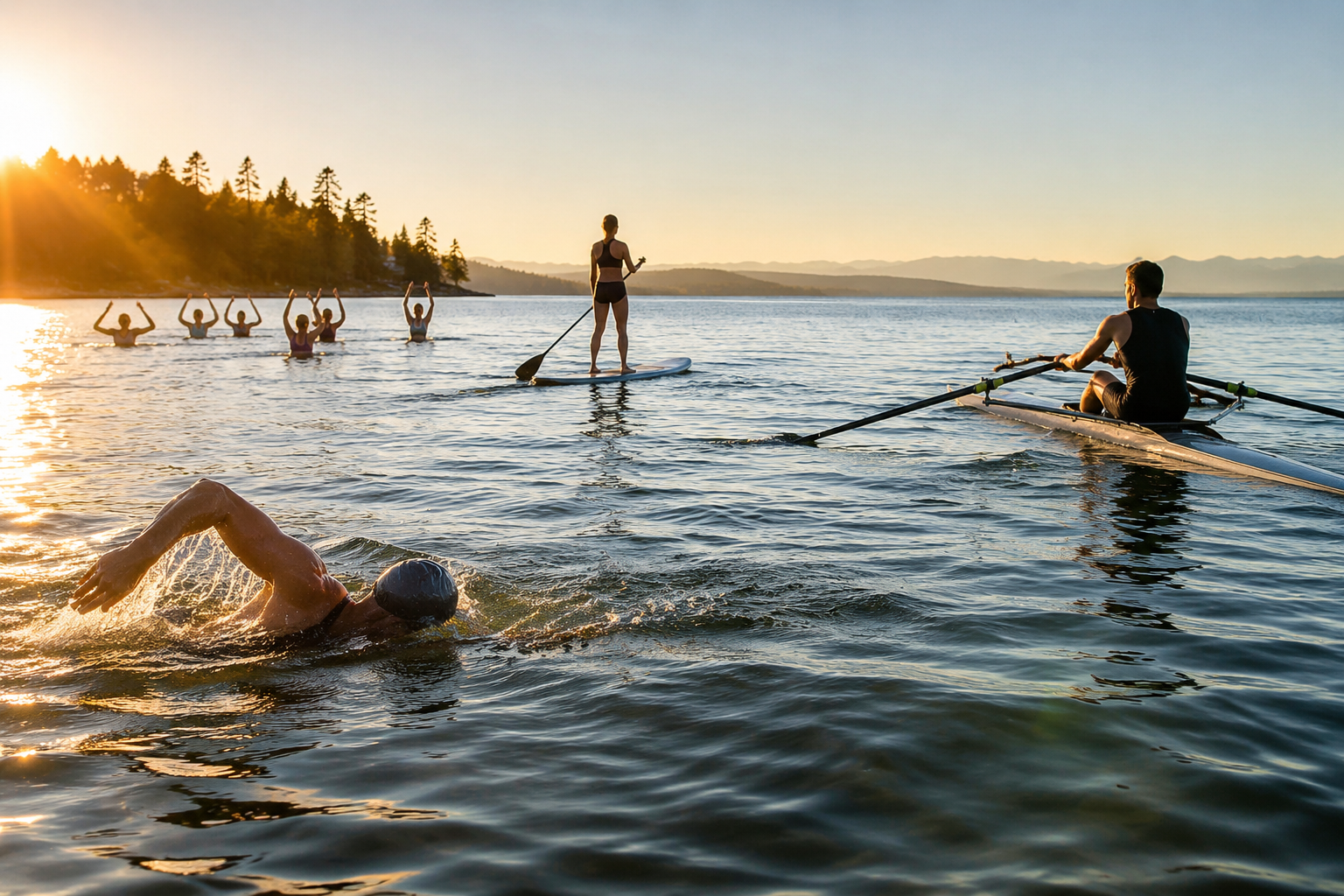 Wide lake scene showing swimming, paddleboarding, rowing, and water aerobics as different water fitness options