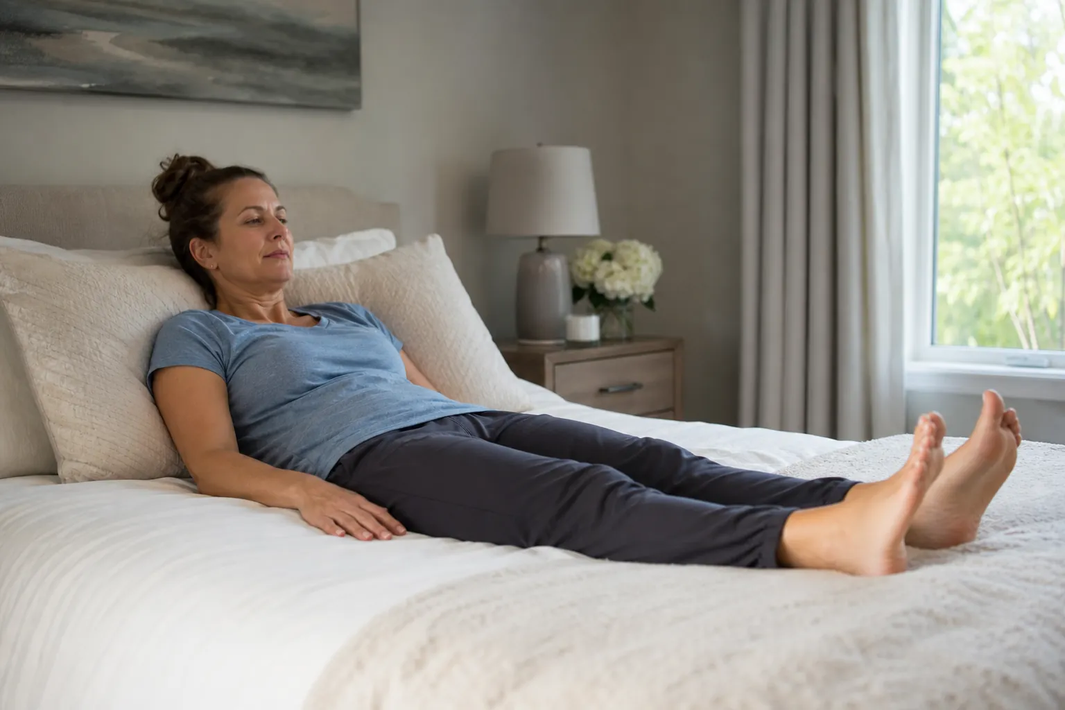 Woman lying on a bed at home performing gentle ankle pump exercises during early hysterectomy recovery