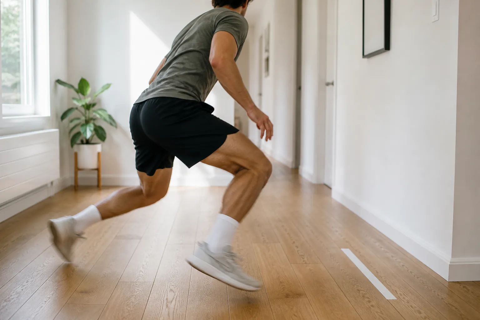 Athlete in a home hallway making a tennis split step and first crossover step toward a floor tape mark