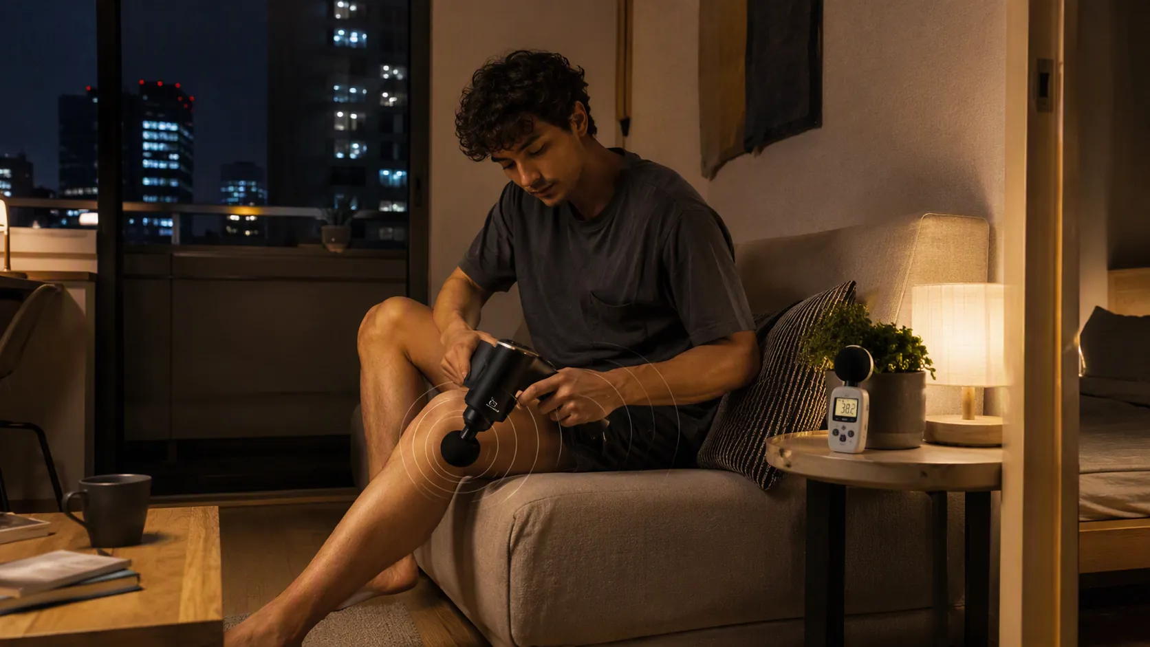 Person using a quiet massage gun beside a decibel meter in a compact apartment at night