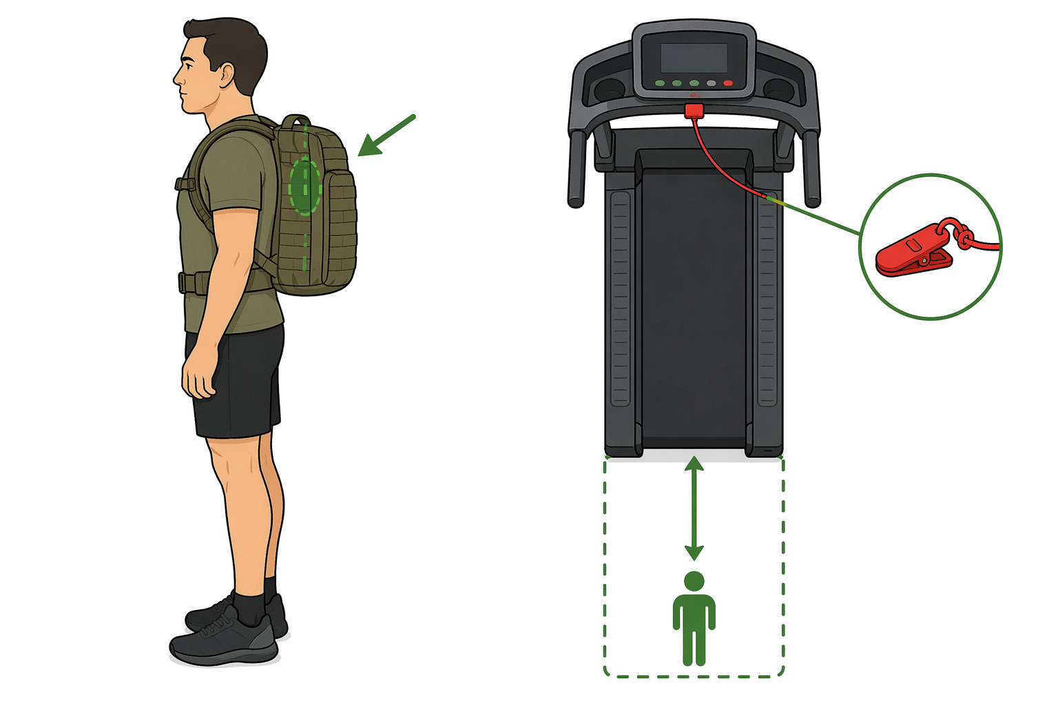 Illustration of treadmill rucking safety elements including high pack position, safety key, and rear clearance