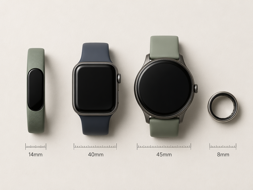 Size comparison of four wearable devices laid flat: a slim 14mm band, a 40mm smartwatch case, a 45mm fitness watch, and a smart ring, shown at actual relative sizes.