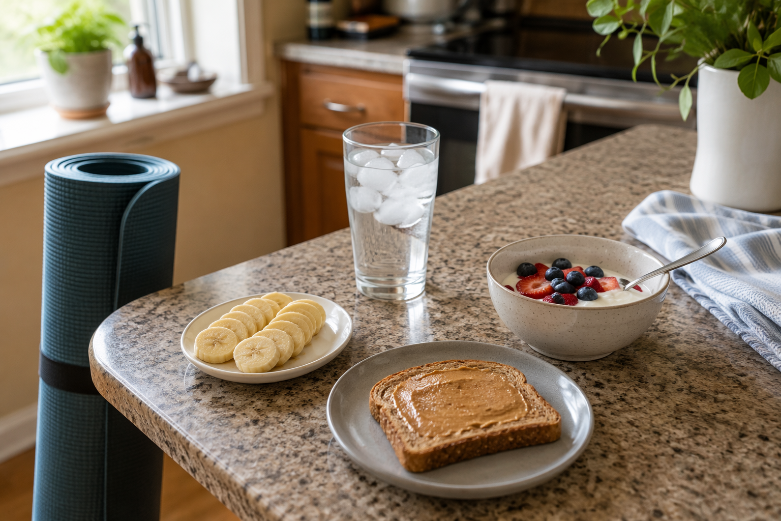 Home kitchen counter with a yoga mat, banana, water, toast, and Greek yogurt with berries