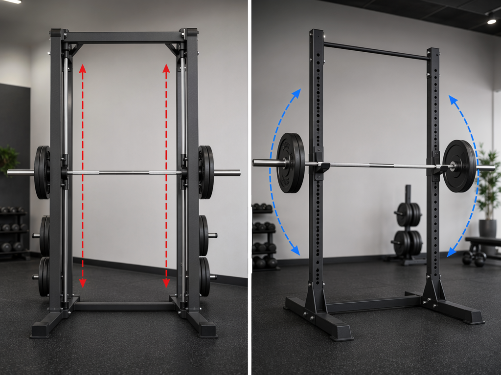 Side-by-side comparison of two strength training machines. Left: a Smith machine with a barbell attached to vertical guide rails and red dashed arrows showing the fixed straight bar path. Right: a power rack with a free barbell on J-hooks and curved blue arrows showing the natural free movement arc. Clean gym background with rubber flooring.