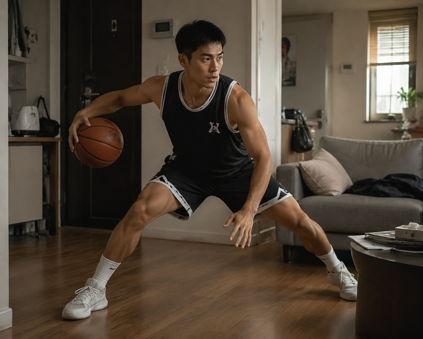 Basketball player in a deep defensive stance inside a small apartment living room with no hoop visible