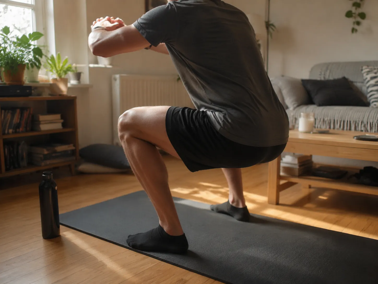 Person doing a bodyweight squat on a yoga mat in a small living room