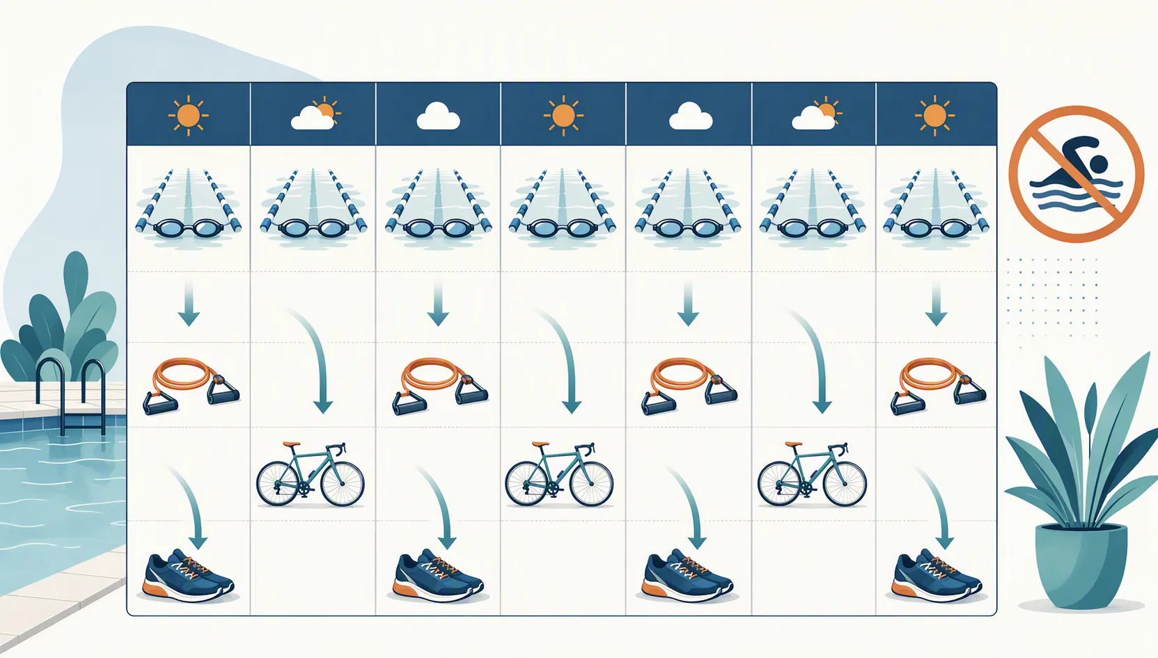 Weekly schedule grid showing swim slots replaced by a resistance cord, bicycle, and running shoes