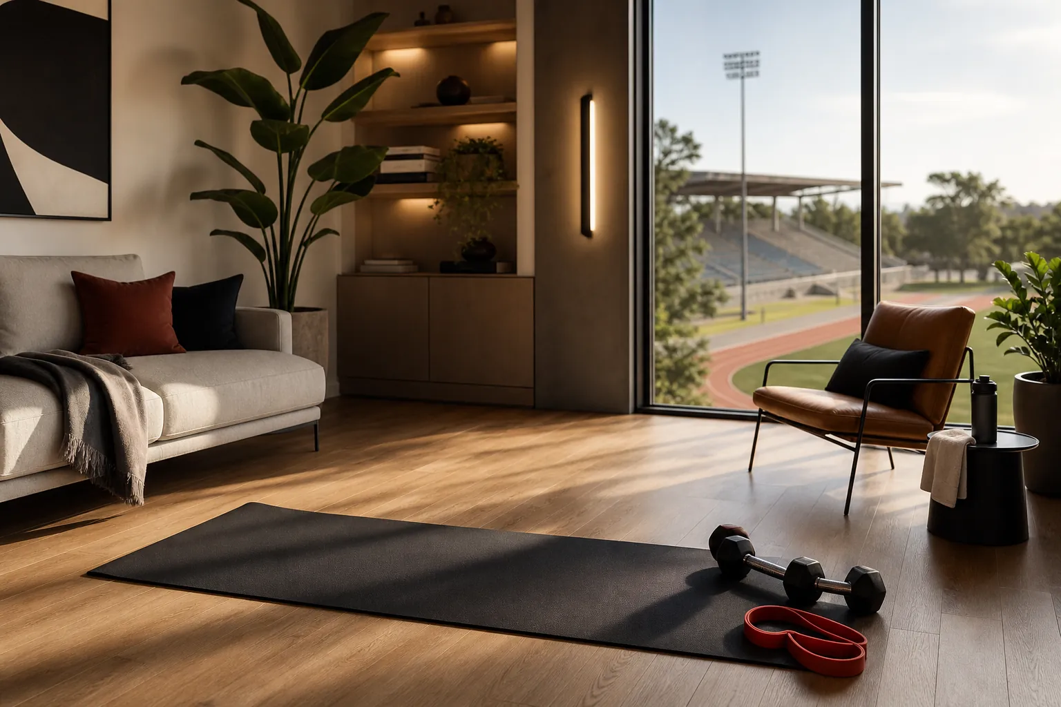 Home living room workout setup with mat, dumbbells, resistance band, and a track stadium atmosphere