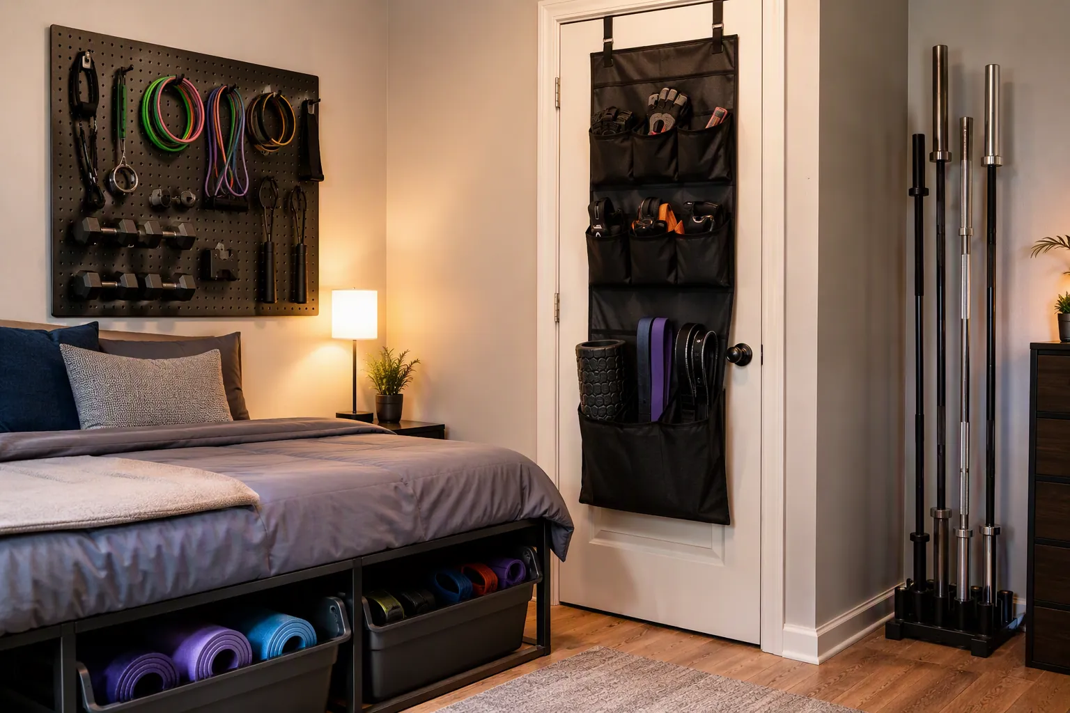 Apartment bedroom using pegboard, under-bed bins, an over-door organizer, and a freestanding vertical barbell rack together