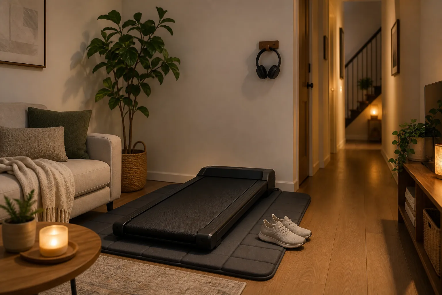Compact walking pad on a padded mat in a small apartment living room