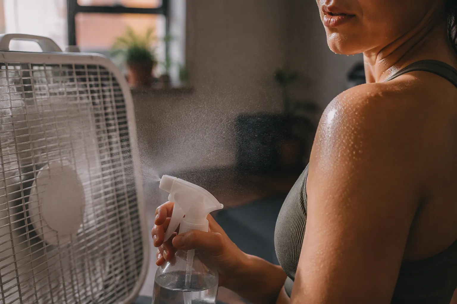 Box fan blowing across a damp arm and shoulder after spraying water during a hot apartment workout