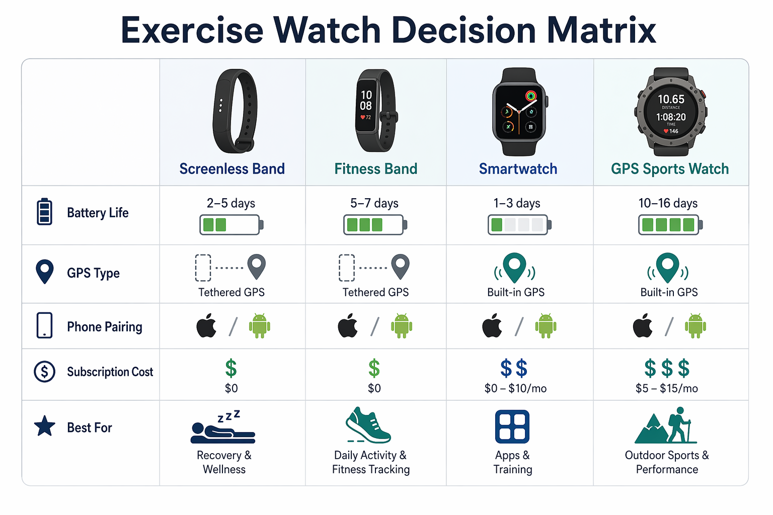 Exercise watch decision matrix comparing battery life, GPS type, phone pairing, subscription cost, and best use across four wearable categories.