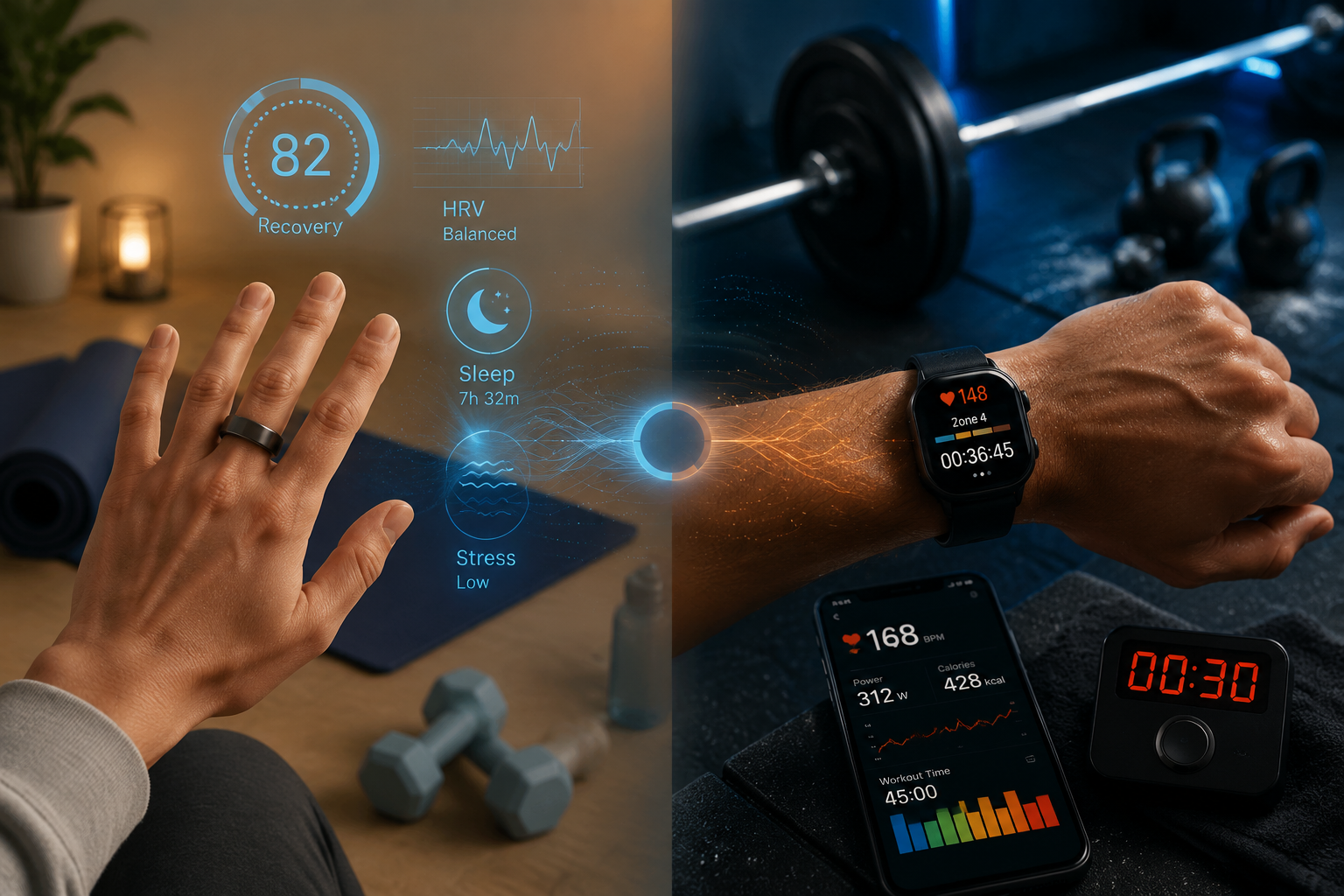 A split scene contrasting a ring with recovery data and a smartwatch with weights and an interval timer