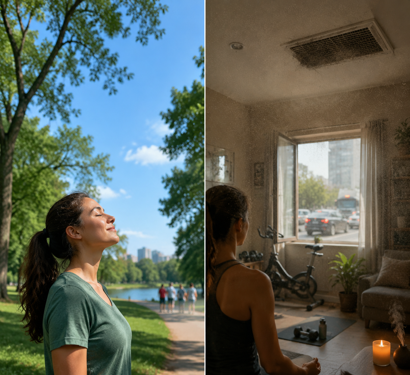 Split scene comparing clean outdoor air with an indoor room containing hidden pollutant sources
