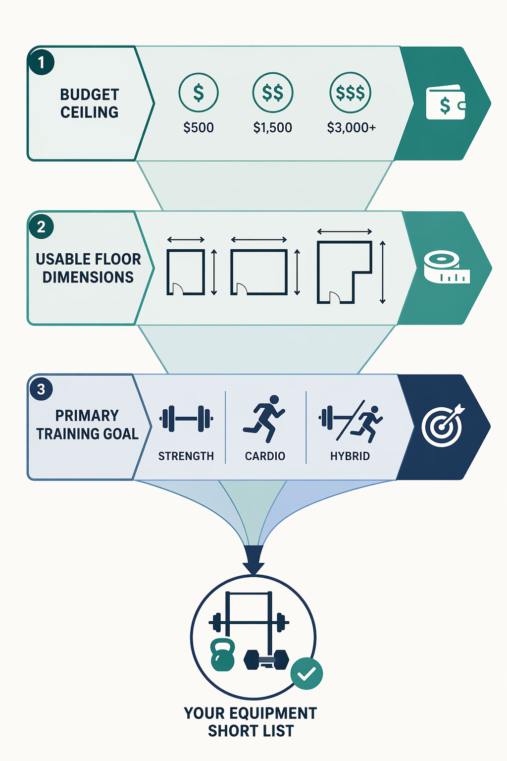 Diagram showing budget ceiling, usable floor dimensions, and primary training goal narrowing into an equipment short list