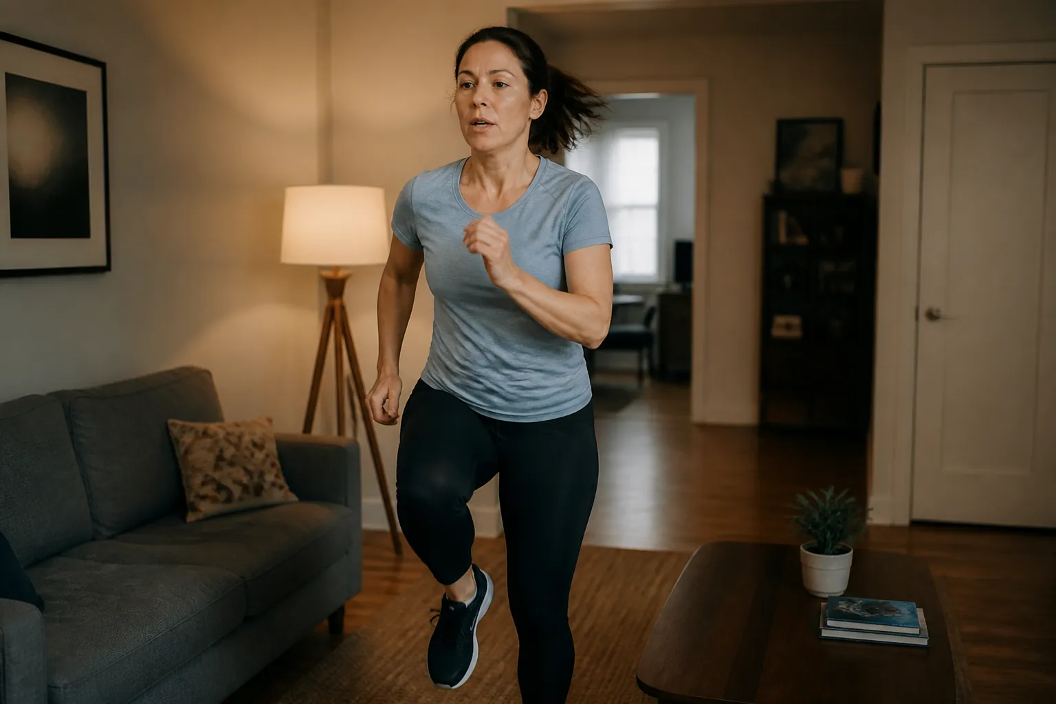 A person doing a high-knee bodyweight interval in a compact apartment living room