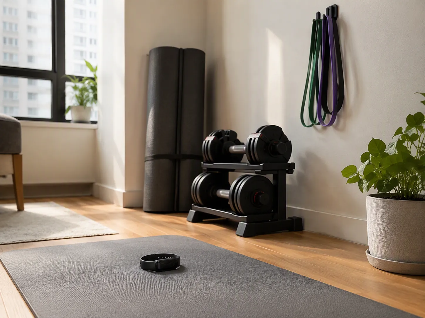 Compact apartment home gym corner with adjustable dumbbells, mat, resistance bands, and a small fitness tracker