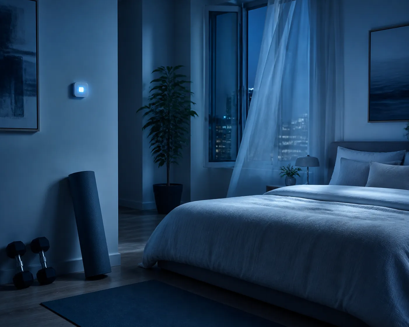 Cool-toned apartment bedroom at night with dumbbells, a yoga mat, light bedding, a wall thermostat, and a slightly open window