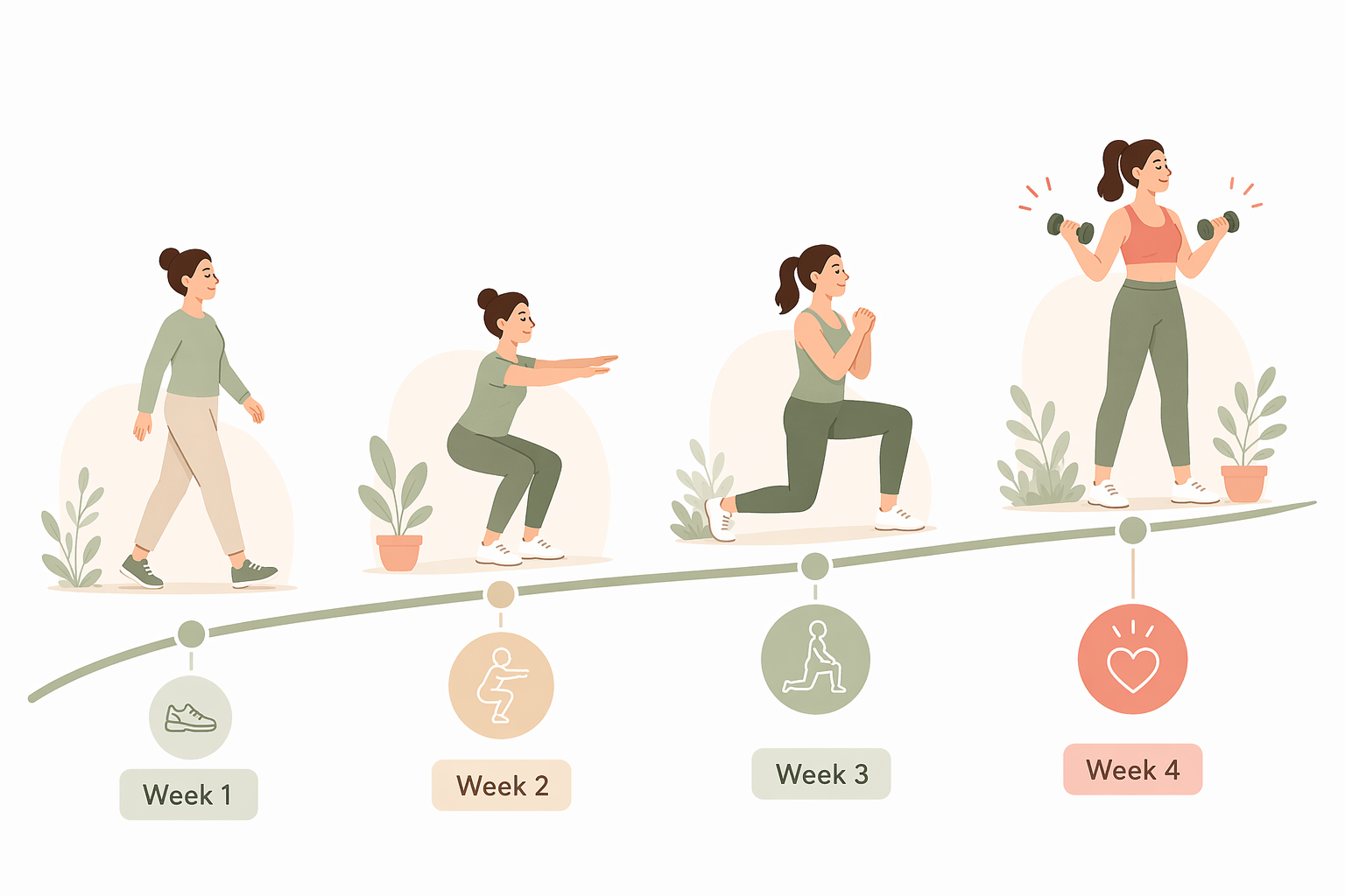 A four-week timeline illustration showing a figure silhouette progressing from walking to gentle bodyweight exercise.