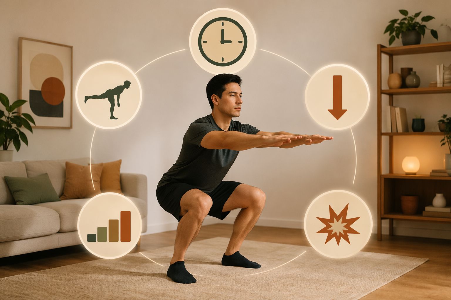 Person performing a home bodyweight squat with symbols for tempo, unilateral loading, range of motion, volume, and plyometric complexity