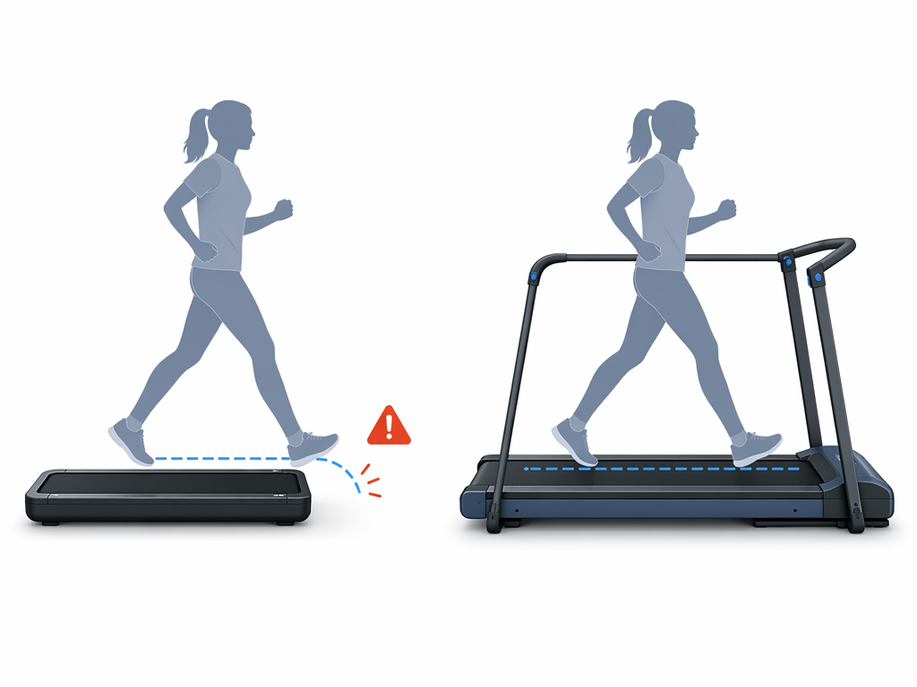 Comparison of a short walking pad deck with no handrails and a longer treadmill deck with handrail posts