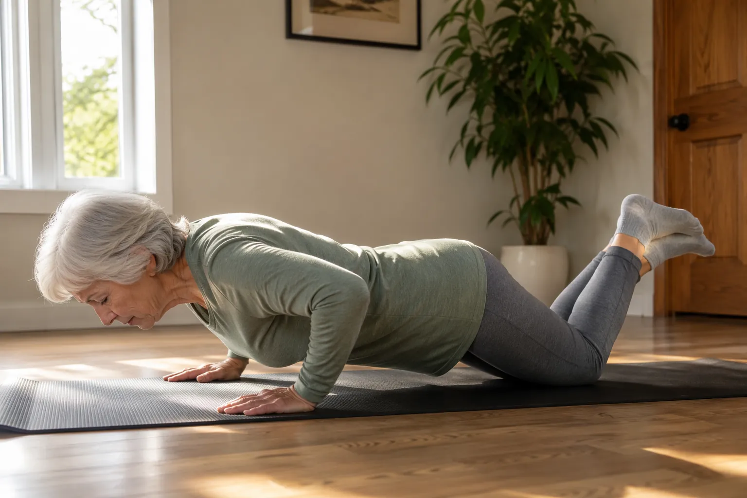 Senior woman doing knee-modified push-ups on a living room yoga mat