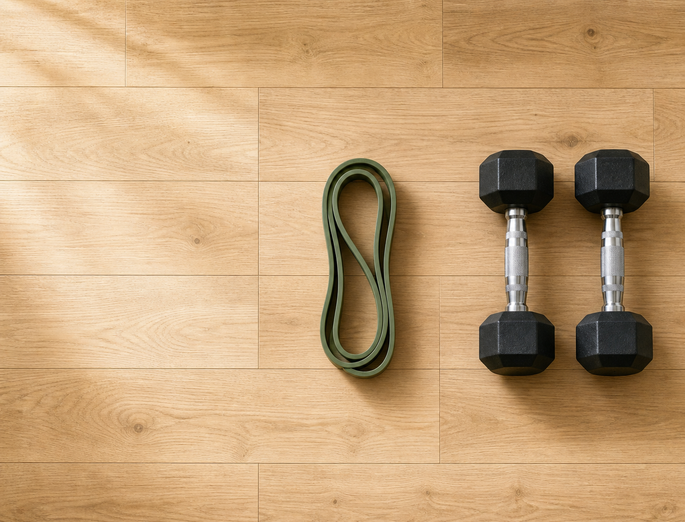 Overhead flat-lay showing three equipment tiers left to right: empty floor space, a looped resistance band, and a pair of dumbbells on light wood flooring.