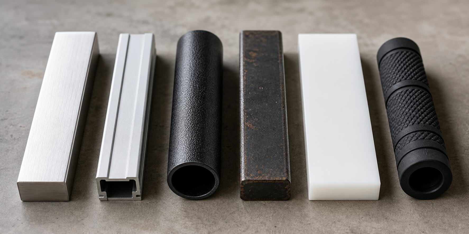 Six material samples arranged side by side on a workshop table: a brushed 316L stainless steel bar, a matte silver aluminum extrusion, a textured black powder-coated steel tube, a dark painted iron bar with light rust flecks, a white HDPE plastic panel, and a black rubber grip section, each showing distinct texture and surface finish