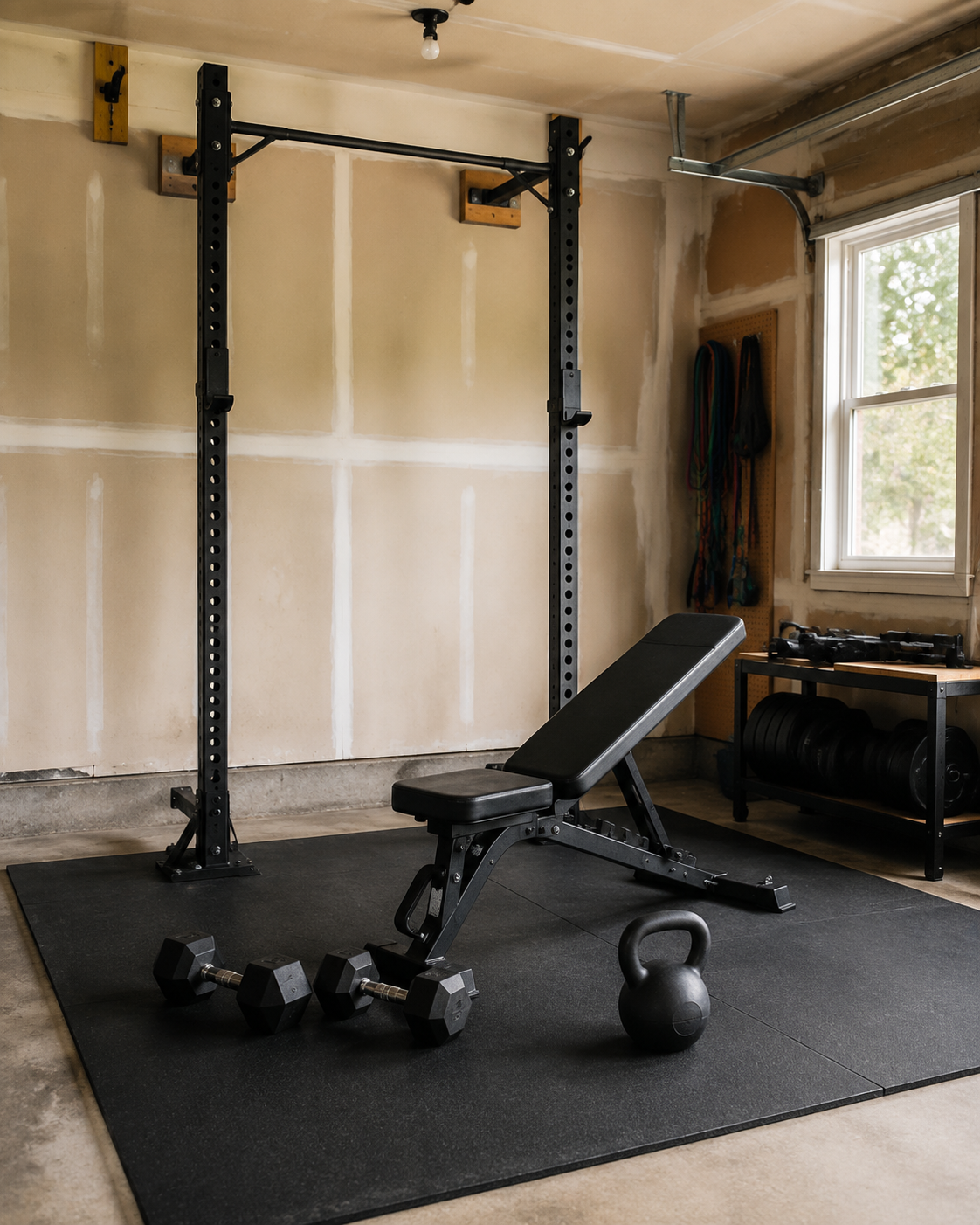 Simple home garage gym with a pull-up bar, adjustable bench, dumbbells, and a kettlebell on rubber flooring