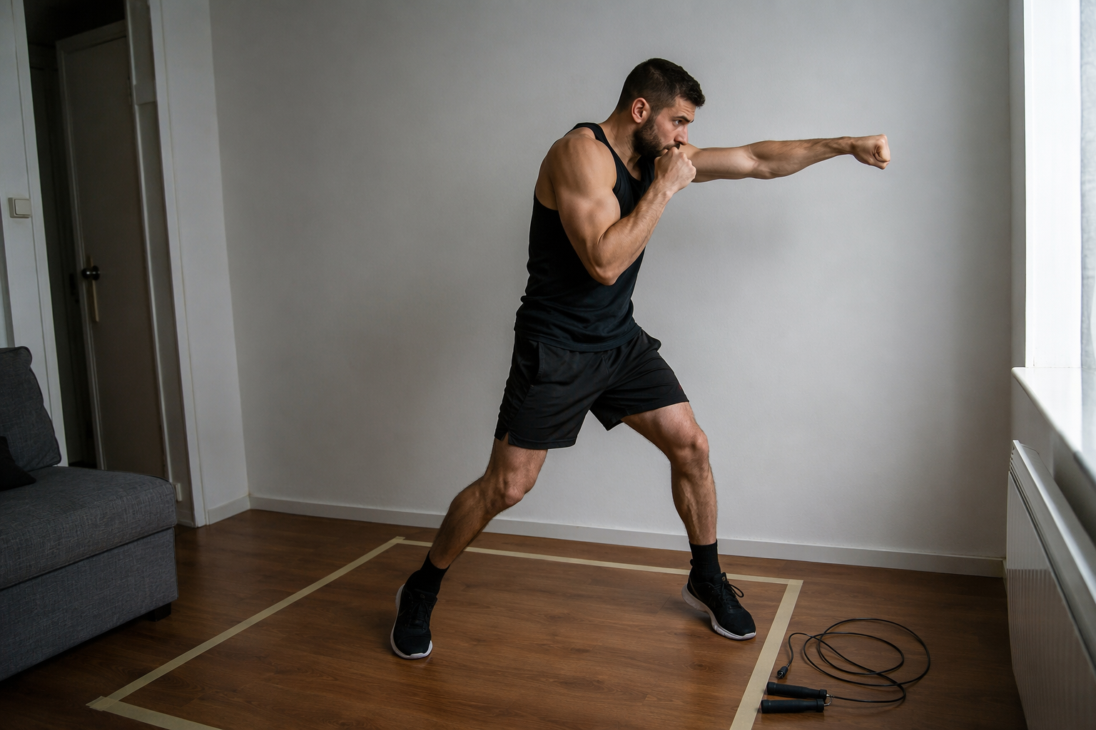 Person shadow boxing inside a small marked home training area with a jump rope nearby