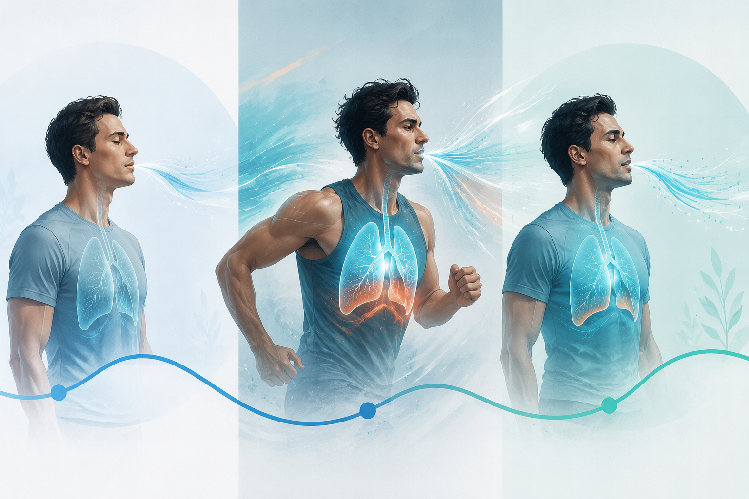 Illustration of breathing at rest, during vigorous exercise, and during post-exercise recovery