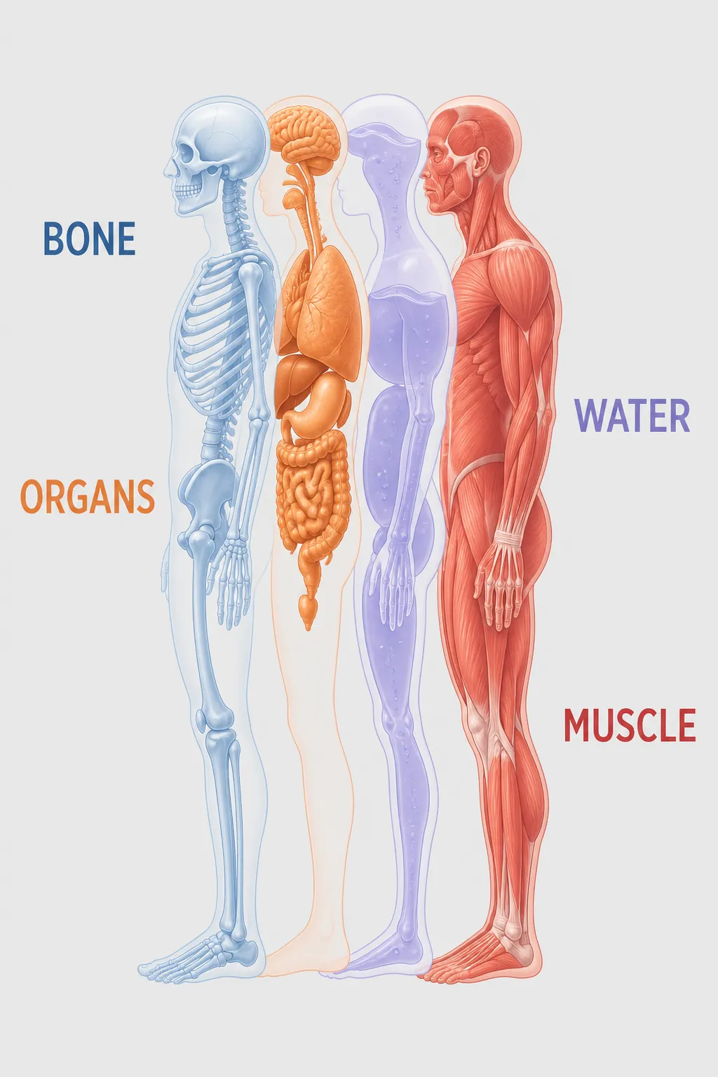 Illustration showing that DXA lean mass includes bone, organs, water, and muscle rather than muscle alone