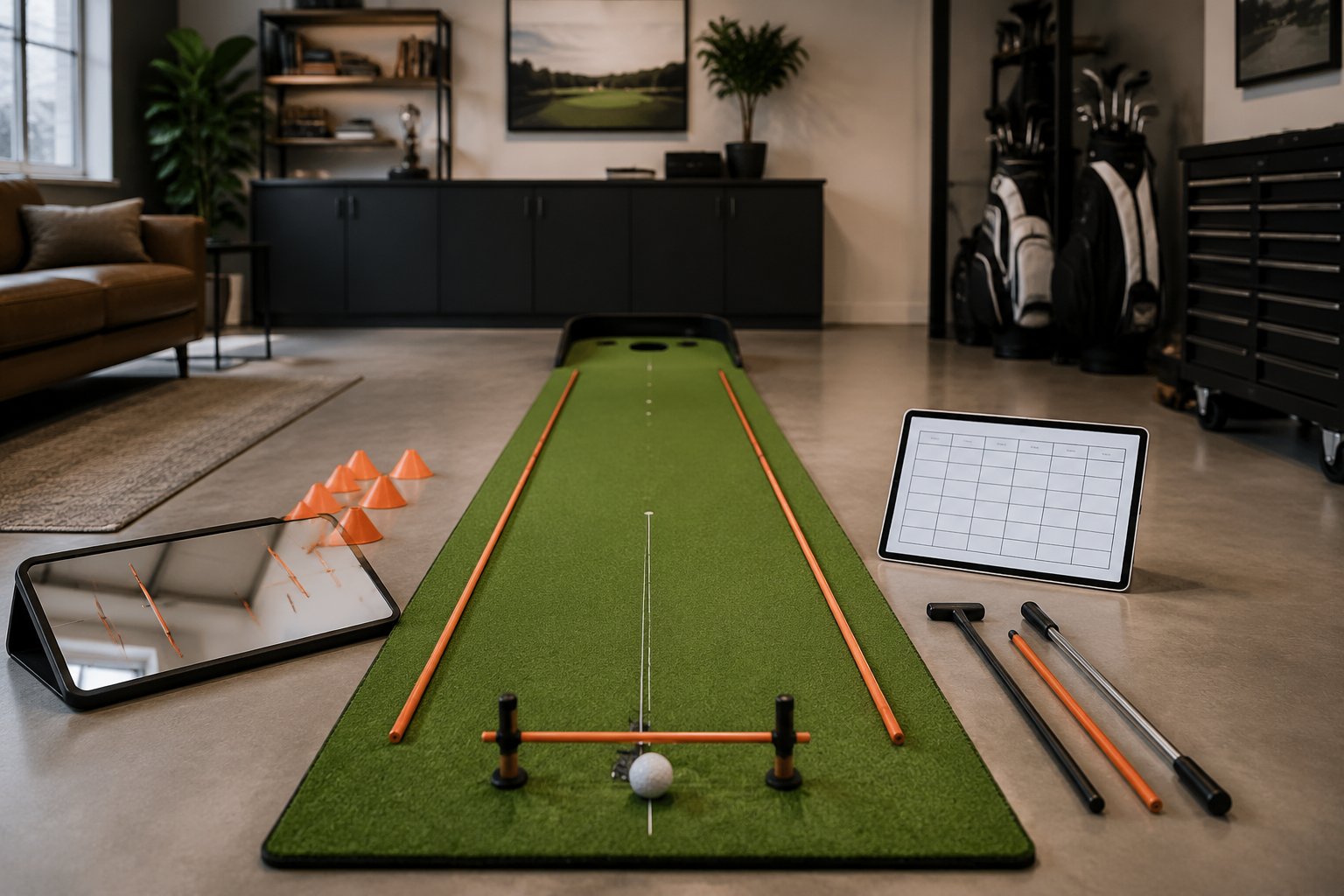 Home putting mat with alignment rods, putting mirror, gates, cones, and a weekly schedule on a smartphone