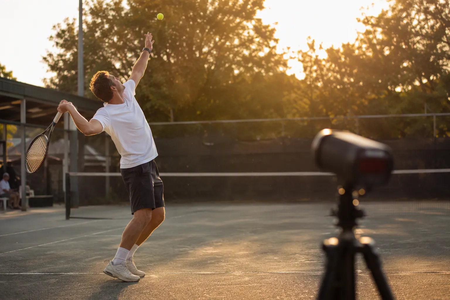 Recreational tennis player serving on a public club court with a radar speed gun measuring the ball