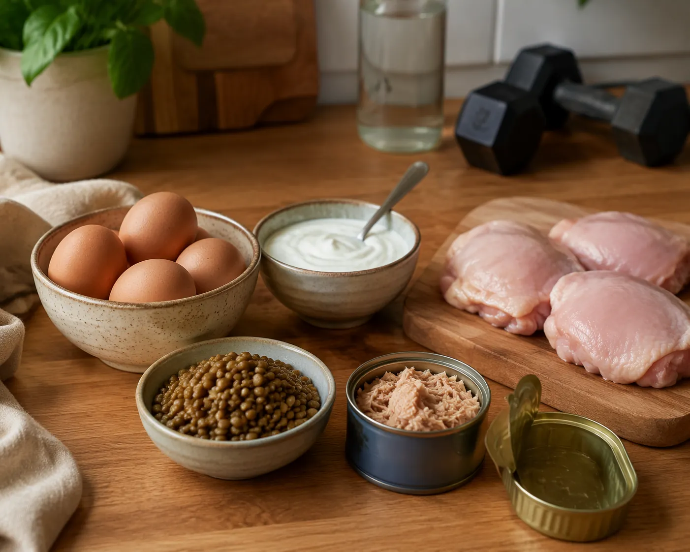 Whole protein foods on a kitchen counter with dumbbells in the background