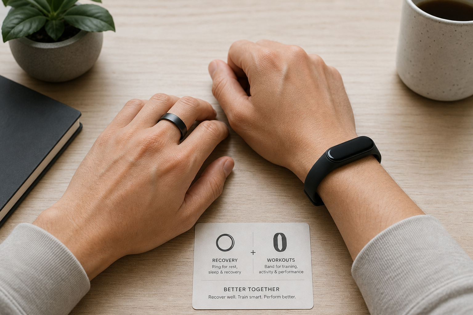 A hand with a smart ring on the index finger positioned beside a wrist wearing a slim fitness tracker band, both resting on a light wood table surface.