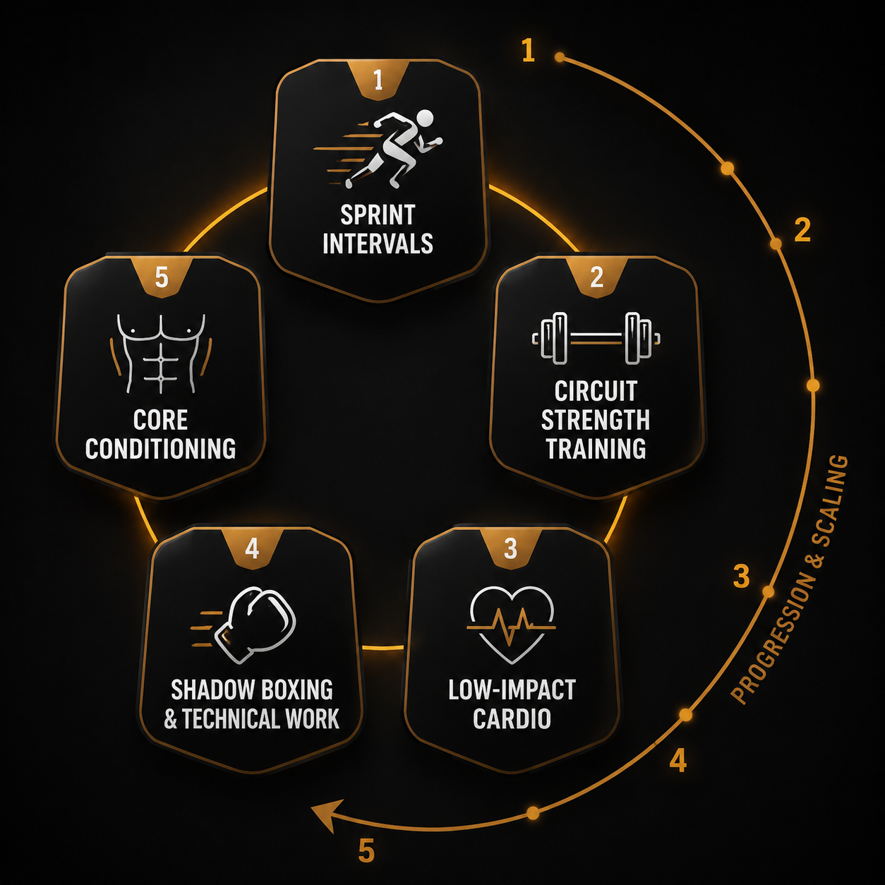 Diagram showing sprint intervals, circuit strength training, low-impact cardio, shadow boxing and technical work, and core conditioning connected by a progression arrow