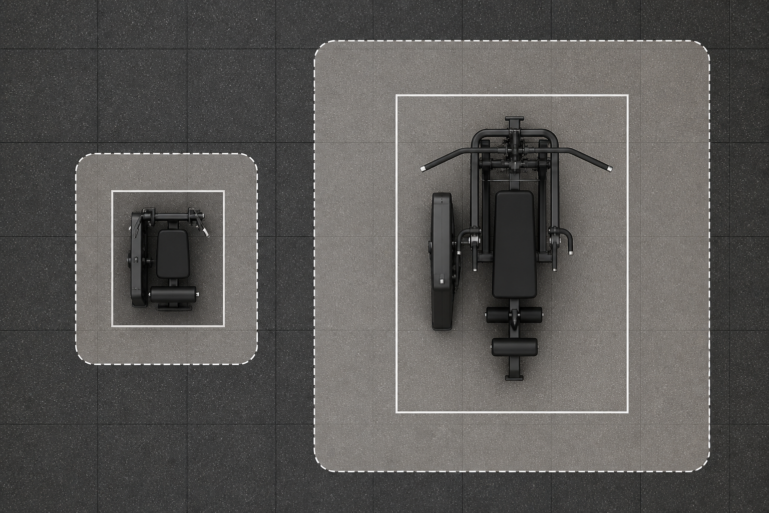 Top-down floor plan diagram showing two equipment footprints with surrounding clearance zones — a smaller machine with a modest clearance zone on the left and a larger system with a wider clearance zone on the right.